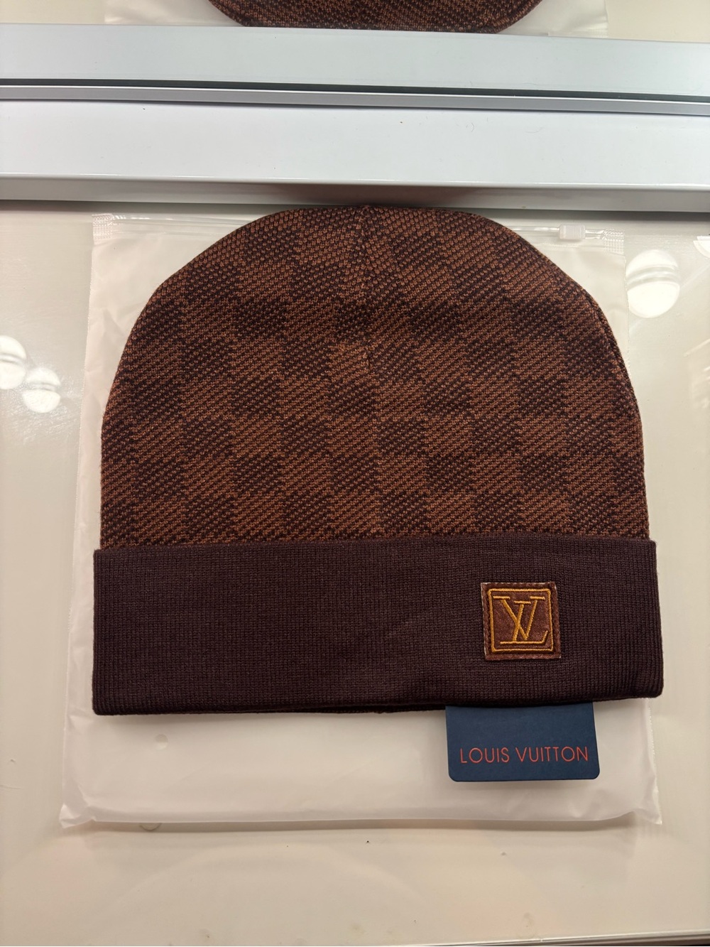 Louis Vuitton Brown Checkerboard Cuffed Beanie with LV Patch